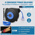 VEVOR Retractable Extension Cord Reel, 50 FT, Heavy Duty 14AWG/3C SJTOW Extension Power Cord with Lighted Triple Tap Outlet, 13A Circuit Breaker 180° Swivel Bracket for Ceiling or Wall Mount, Blue