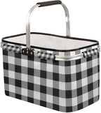 Plaid Collapsible Market Basket, White Black Stripe Leakproof Folding Collapsible Portable Picnic Basket Strong Aluminum Frame for Travel, Shopping, Camping & Lake Trips