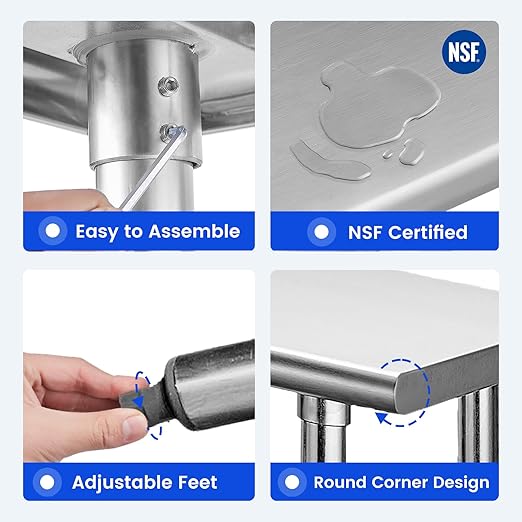 Hally Stainless Steel Table for Prep & Work 14 x 60 Inches, NSF Commercial Heavy Duty Table with Undershelf and Galvanized Legs for Restaurant, Home and Hotel