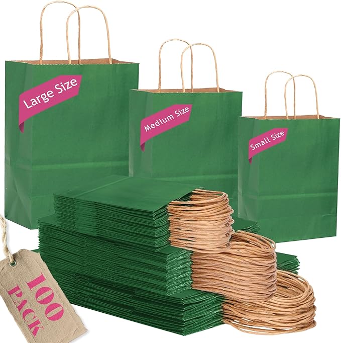 qiqee 100PCS Gift Bag with Handles Bulk Kraft Deep Green Paper Bags Assorted Sizes(33pcs Large 13",33pcs Medium 11",34pcs Small 8")