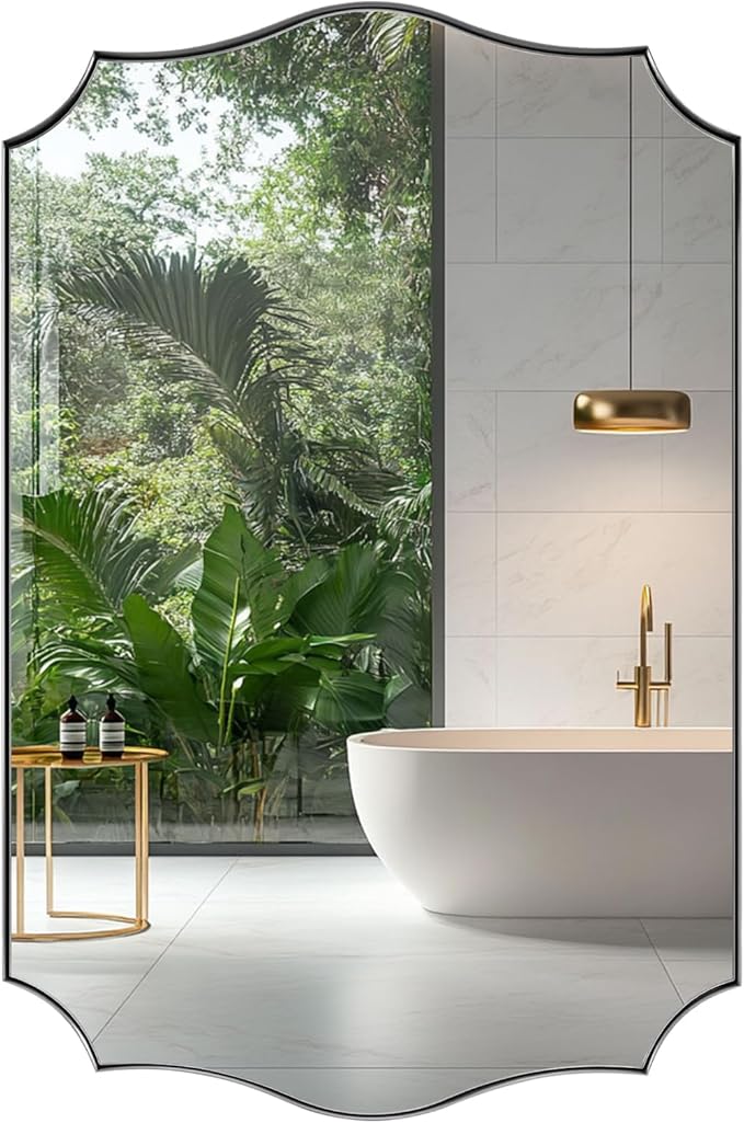 ANDY STAR Chrome Bathroom Mirror, 22x30 Inch Polished Nickel Vanity Mirror, Modern Scalloped Mirror for Bathroom with Anti-Rust Stainless Steel Frame, Hangs Vertical or Horizontal