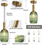 KCO Lighting Green Ribbed Glass Pendant Light Kitchen Island Small Antique Brass Ceiling Pendant Light Mid Century Modern Dining Room Hanging Light Fixture Gold Globe Pendant Lighting