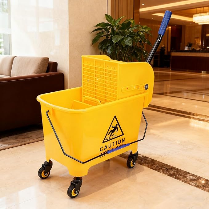 Generic Mop Bucket with Wringer, 20L Floor Cleaning Handle Wheels, 20L Side Press Wringer Commercial Mop Bucket with Wheels and Handle for Floor Cleaning