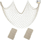 Patioland Decorative Fishing Net 2 Pack, 80x40 Inch Large Beige Fish Net Decor for Wall, Photo Display, Nautical Mermaid Pirate Ocean Themed Beach Hawaii Under the Sea Party Decorations