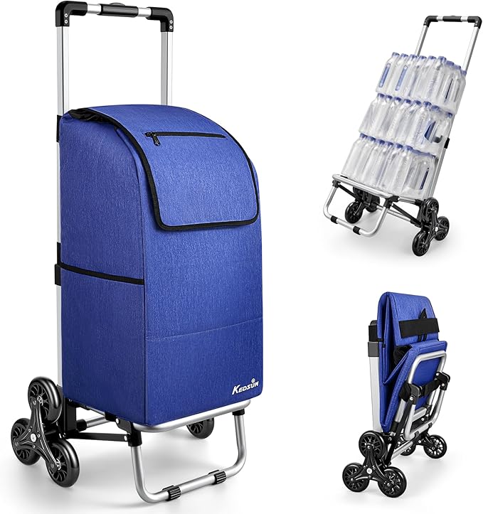 KEDSUM 2 in 1 Aluminum Alloy Stair Climbing Cart, 300LBS Grocery Cart on Wheels, Foldable Shopping Carts with Waterproof Oxford Blue Bag for Groceries, Lightweight & Durable Aluminum Frame