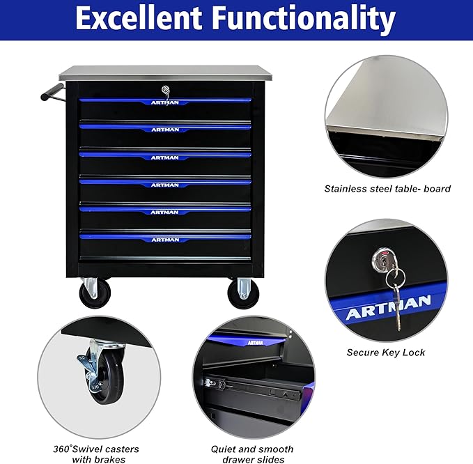 6 Drawers Rolling Tool Box on Wheels, Multifunctional Tool Chest Cabinet with Lock, Drawers Rolling Tool Cart Trolley Organizer Tool Storage Case for Garage,Warehouse - DIY Interconnectable