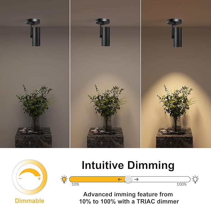 12W LED Dimmable Zoomable Ceiling Spotlight Indoor – Adjustable Beam Angle 10-55° Surface Mount Wired Accent Spot Light for Picture, Plants & Painting | Warm White 3000K CRI 97, Black