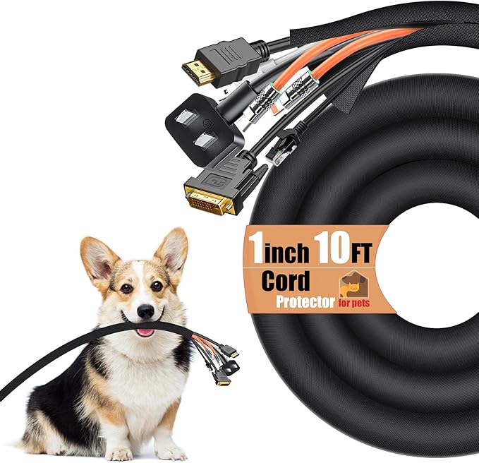 Cord Protectors from Pets no Chew, 10ft Cord Covers for Pets, 1Inch Wire Covers for Cords, Cable Management for USB, Power, Audio and Video Cords