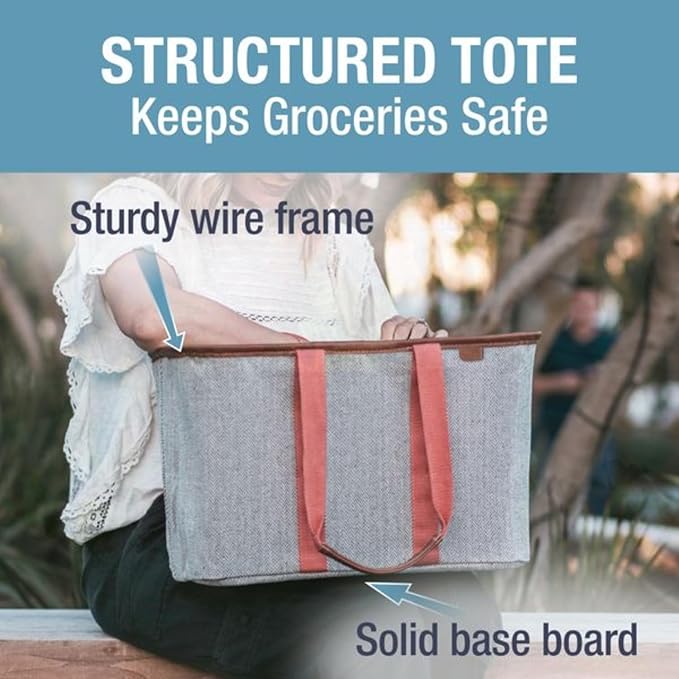 CleverMade Collapsible LUXE Tote - Rose Herringbone 1 Pack 30L / 8 Gal - Reusable Grocery Shopping Storage Bag Organizer w/ Handles Reinforced Bottom