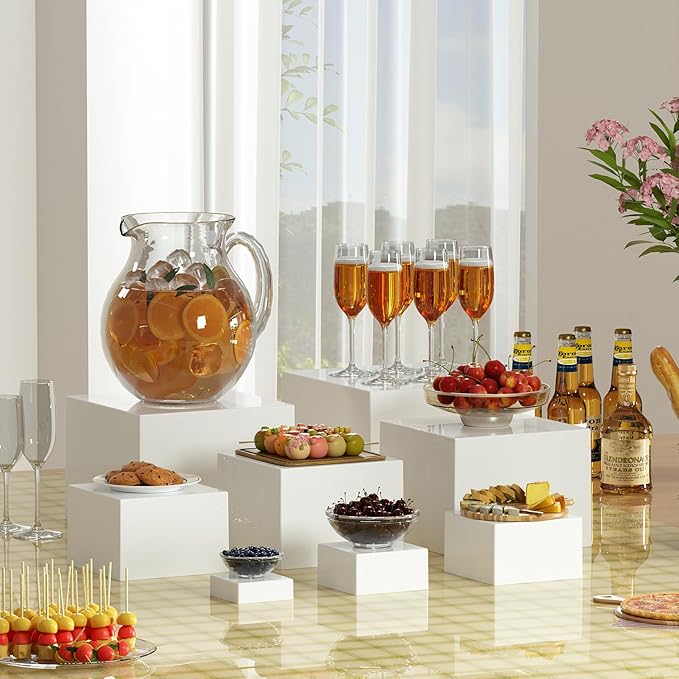 Large 8 Pcs White Acrylic Boxes for Display as Buffet Risers and Stands, Food Risers for Party, Table, including 10", 9", 8", 7", 6", 5", 4", 3" (Large, 8Pcs, White)