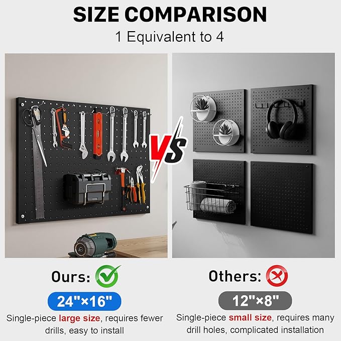 Peg Board, 2 Pack Metal Pegboard Panels Black Pegboards Wall Organizer with Frame Large Heavy Duty Peg Board with Hooks for Walls Home,Garage Tool Storage,Office Organization,Kitchen 24”×16”