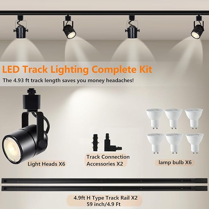 LED Track Lights Head Kits, 10W 6000K Cool White Dimmable 6-Light Black GU10 Lights, Indoor Ceiling Spotlight Fixture with 6.56FT(3.28 * 2) H Type Track Light Rails, Replaceable GU10 Bulb
