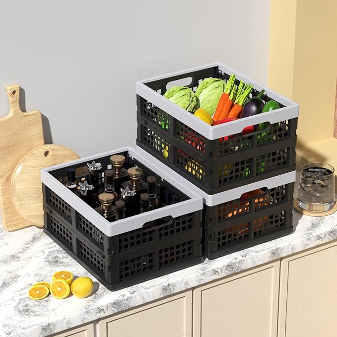 15L Plastic Collapsible Storage Crates, Folding Crates Storage Basket, Pack of 4, Black