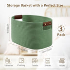Cotton Rope Basket, Storage Baskets with Handle, 15x10x9 Inch Woven Basket for Shelves, Laundry, Towels, Clothes, Books (Green 3Pack)