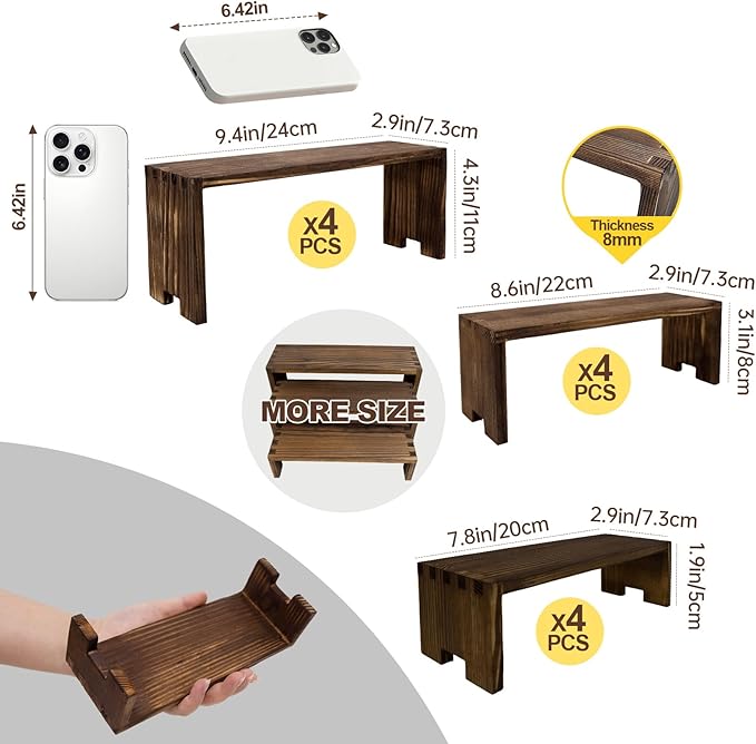 12Pcs Display Riser Wood Risers Cupcake Stand 3 Tier Racks Decorative Rectangular 4 Set Cologne Perfume Organizer Dessert Stands for Vendors Event
