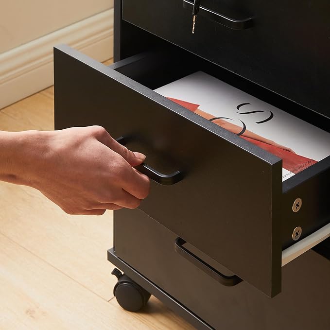 TUKAILAi Mobile File Cabinet with 3 Drawers, Lockable Storage Unit Wooden Rolling Office Filing Cabinet with Wheels, for Legal/Letter/A4 Sized Documents Home Office (Black 2PCS)