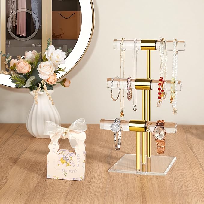 3-Tier Necklace Holder Bracelet Holder, Gold Acrylic Jewelry Display Stand Crystal T Bar Jewelry Organizer Gift for Women