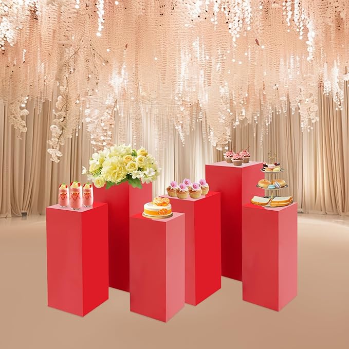 6pcs Metal Square Pedestal Stand, 23.6"/25.6"/31.5" Red Display Plinth Pillars for Party, Decorative Cube Sculpture Column, Tall Pedestal Cake Stands for Wedding Ceremony