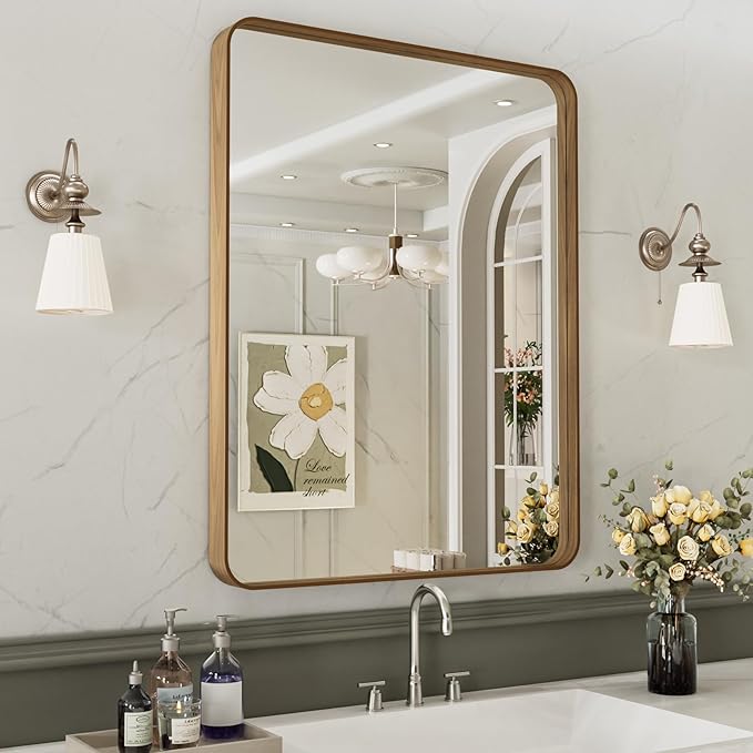 LOAAO 32X36 Inch Bathroom Mirror with Wood Grain Colored Metal Frame, Rounded Rectangle Metal Framed Bathroom Mirror, Anti-Rust, Hangs Horizontally or Vertically, Tempered Glass