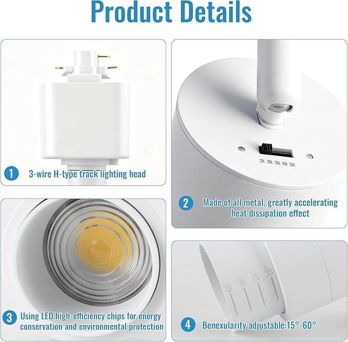 5CCT LED Track Lighting Heads Dimmable 20W 5CCT 2700K/3000k/3500k/4000k/5000k,Versatile H Track Lighting Heads,Zoomable Beam 15° to 60° Ideal for Accent Art and Task Lighting, (White, 4 Pack)