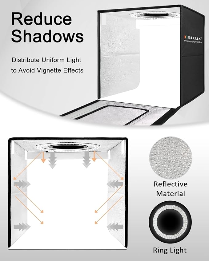 DUCLUS Light Box Photography, 16x16 inch Portable Photo Studio Box with 160 LED Dimmable Lights, 6 PVC & 2 Paper Backdrops for Product Photography.