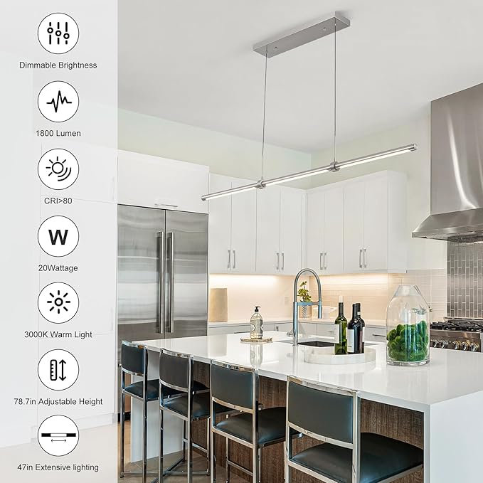 EDISLIVE Modern Linear LED Island Light Dimmable LED Chandelier 47.24 in Adjustable Linear Hanging Light Fixture 3000K 20W Pendant Light for Dinning Room Kitchen，Nickel