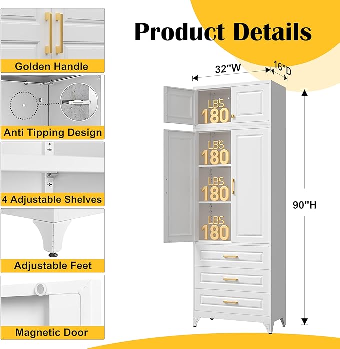 90" Kitchen Pantry Cabinet with 3 Drawer,Metal Storage Cabinets with Doors and 4 Adjustable Shelves,White Kitchen Cabinet with 2 Gold Handles,Food Cupboard for Livingroom,Pantry, Bathroom