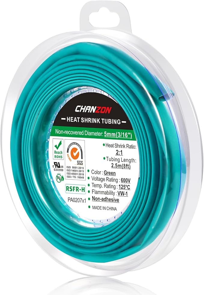 Chanzon 2:1 Ratio 3/16" (5mm) Heat Shrink Tubing 8Ft Roll (2.5M Total Length) Green Polyolefin Sleeving Wrap Shrinking 2 to 1 1pcs
