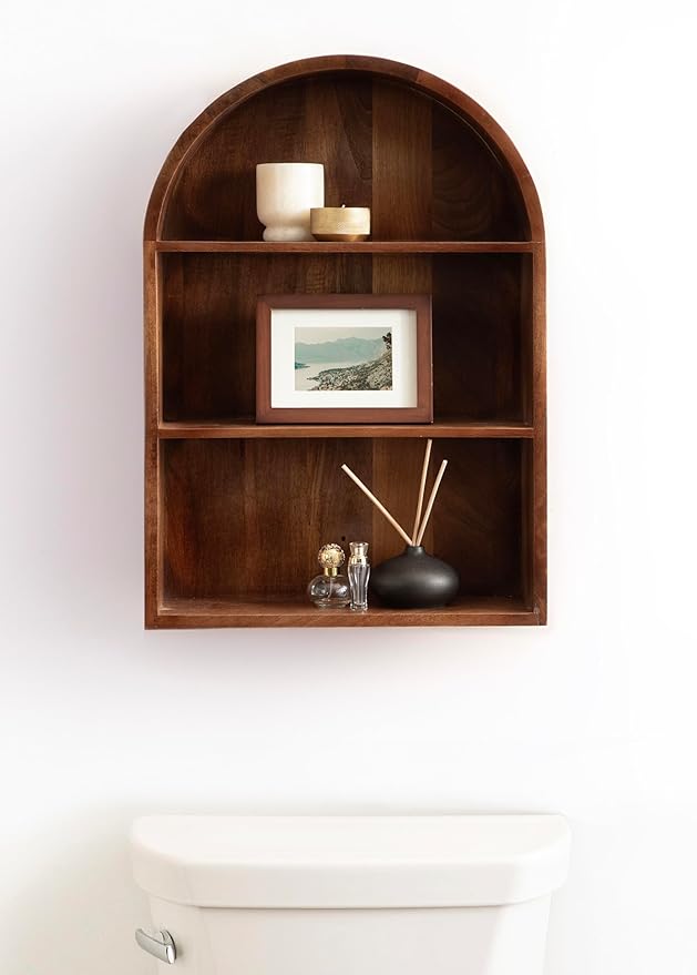 Kate and Laurel Arcott Modern Arched Wall Shelf, 18 x 26, Walnut Brown, Transitional Arch Wall Shelves for Over-The-Toilet Storage or Entryway Storage Shel