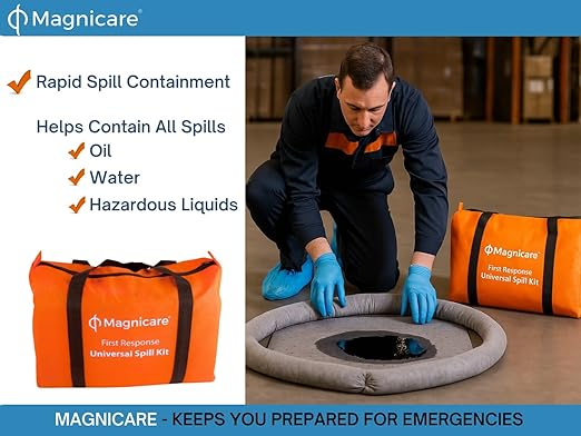 Universal Spill Kit OSHA Approved - Biohazard Clean up Kit for Oil, Water & Chemicals | 15 Absorbent Pads, 2 Socks, PPE, Biohazard Bags in Bright Orange Duffel Bag