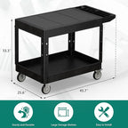 Heavy Duty Utility Rolling Tool Cart, 1000 lbs Capacity Flat Top Plastic Rolling Carts with 360°Swivel Wheels, 46 x 25 Inch Service Cart, 2 Shelf Work Cart for Warehouse,Garage, Cleaning, Black