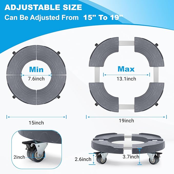 Trash Can Dolly Wheels, Adjustable 15-19 Inch Round Roller with Locking Wheels 440 LBS Heavy Duty Drum Cart Multi Function Rolling Dollies Stand Plant Caddy, Grey