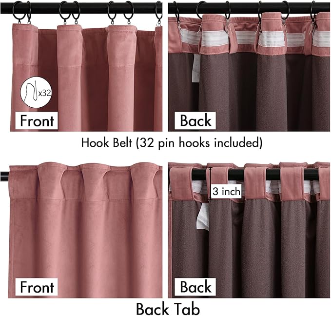 MIULEE Velvet Curtains 90 Inches Long 2 Panels Set for Bedroom, Pinch Pleat Back Tab Luxury Thermal Insulated Pink Living Room Darkening Drapes Pleated Blackout Window Curtains with Hooks, Dusty Rose