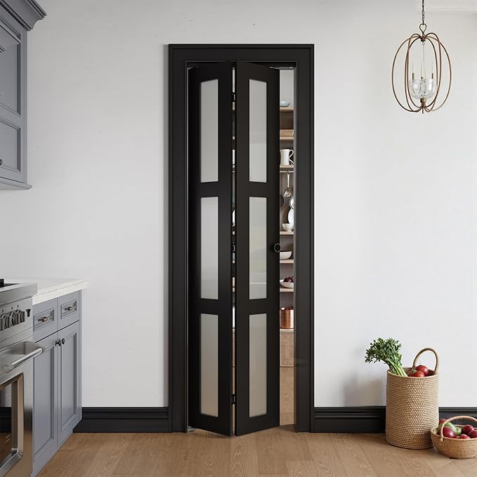 Bifold Doors for 24" x 80" Opening, 3-lite Tempered Frosted Glass Closet Folding Doors with Hardware kit Included, Easy Assembly, Black