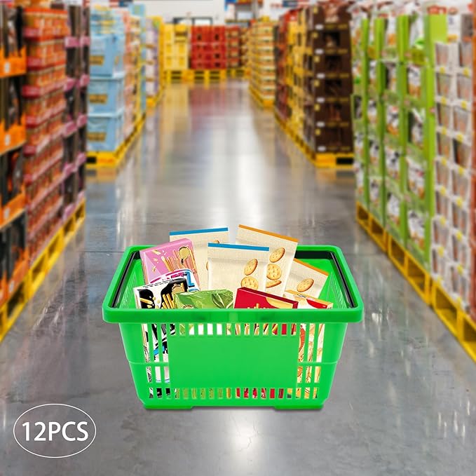 12 Pack Commercial Shopping Baskets - 28L Black/Yellow/Green Nesting Stackable Bins with Invisible Handle for Retail, Supermarket, Warehouse Durable Store Basket (Green)