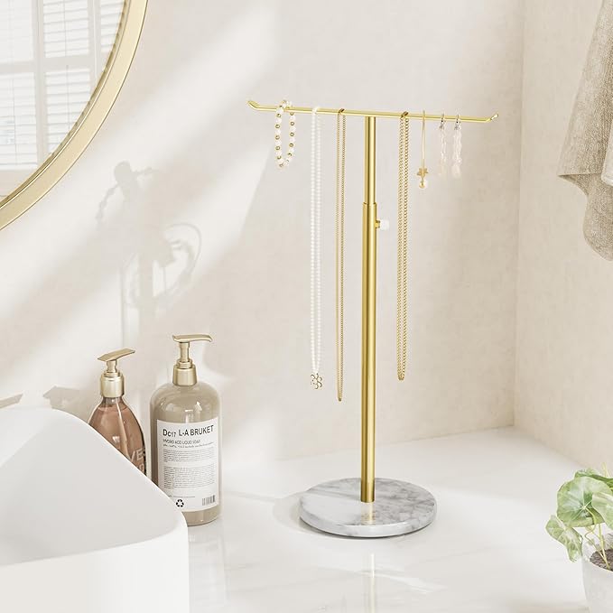 Gold Necklace Holder Jewelry Organizer Stand – Adjustable Height T‑Bar Jewelry Display with White Marble Base, Necklace & Bracelet Holder, Countertop Jewelry Stand