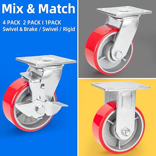 Nefish 5 Inch Industrial Casters Set of 4, Heavy Duty Casters with Brake 4000 Lbs, No Noise Polyurethane Wheel on Steel Hub, Swivel Plate Caster Wheels for Toolbox Workbench (4 Swivel & Brakes)