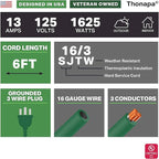13 Amp Outdoor Extension Cord 6 ft, 16/3 SJTW 6ft Green Extension Cord 3 Prong, Weatherproof for Outdoor Lights, Landscaping & Lawn - US Veteran Owned