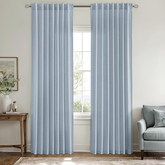 MIULEE Non-See-Through Privacy Linen Curtains 2 Panels, Chambray Blue Light Filtering Window Curtains Farn House Textured Back Tab Semi Sheer Drapes for Bedroom Living Room 72 Inches Long Light Blue