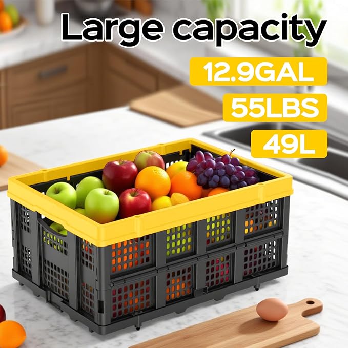 49L Collapsible Crate, Milk Crate for Storage, Foldable Storage Crate, Stackable Crate for Organizing for Home, Shopping, Camping, School, Office, Warehouse, Yellow