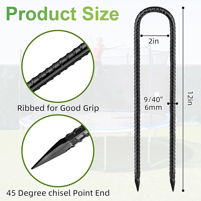 Rebar U Stakes 12 Inch - 8 Pack Black Galvanized Steel Heavy Duty Ground Anchors for Trampoline,Tent,Tarp,Soccer Goal,Garden Stake & Yard Art