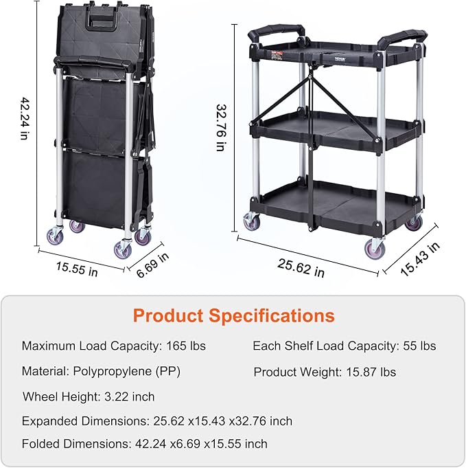 VEVOR Foldable Utility Service Cart, 165LBS 3 Shelf Heavy Duty Plastic Rolling Cart with 360° Swivel Wheels (2 with Brakes), Ergonomic Handle, Portable Garage Tool Cart for Warehouse Office Home