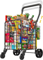 siffler Shopping Cart for Groceries, Height Adjustable Folding Utility Cart with Double Baskets, Extended Foam Cover 360° Swivel Wheels Trolley for Groceries, Laundry, Travel (Medium)