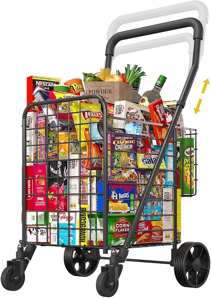 siffler Shopping Cart for Groceries, Height Adjustable Folding Utility Cart with Double Baskets, Extended Foam Cover 360° Swivel Wheels Trolley for Groceries, Laundry, Travel (Medium)