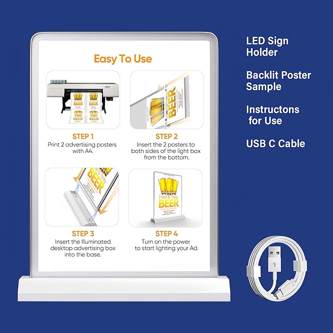 A4 Size Tabletop LED Sign Holder, Brightness Adjustable Desktop Advertising Light Box, Charged via USB, Durable Light up Menu Holder for Restaurants, Bars, Hotels, Stores, Offices, Wedding