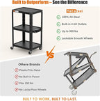 3 Shelf Metal Utility Cart - Durable Computer Cart on Wheels with Power Strip,Height Adjustable AV Presentation Cart Stand for Movie Projector,TV and Laptop Computers,Easy to Assemble, Black
