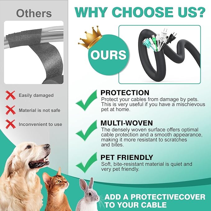 Dog and Cat Cord Protector 10ft - 3/8inch, Flexible Cable Sleeve for Easy Cord Management, Protects Cables from Pets Chewing, Ideal for USB, Power, Audio and Video Cords - Black