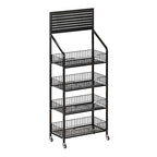 4 Tier Supermaket Snack Rack Display Stand, Free-Standing Black Retail Display Shelves with 12 Hooks & 4 Wheels, Large Metal Snack Shelf for Store Business