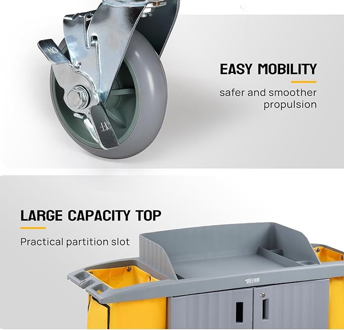 266LBS Premium Hotel & Housekeeping Cart with Door on Wheels, Multifunctional Commercial Cleaning Cart with Large Capacity Vingyl Bags, Comfor Grip Handles and Easy Move Casters, Gray