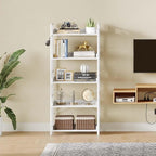 Rolanstar Bookshelf 5 Tier with 4 Hooks, Industrial Wood Bookcase, Vintage Storage Rack with Open Shelves, Rustic Standing Bookshelves Metal Frame Display Rack for Living Room, Bedroom, White
